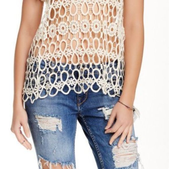 Bobeau NEW Knit Crochet Lace Blouse Top Topper Cotton Short Sleeve Women XL Sexy - Picture 3 of 11